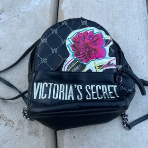 Victoria's Secret Black Mini Backpack with Pink Floral Patch